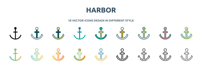 Poster - harbor icon in 18 different styles such as thin line, thick line, two color, glyph, colorful, lineal color, detailed, stroke and gradient. set of harbor vector for web, mobile, ui