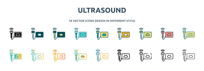 ultrasound icon in 18 different styles such as thin line, thick line, two color, glyph, colorful, lineal color, detailed, stroke and gradient. set of ultrasound vector for web, mobile, ui