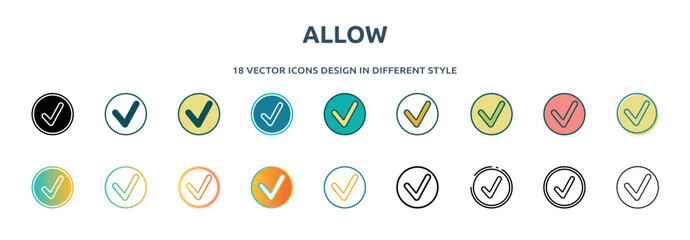 Poster - allow icon in 18 different styles such as thin line, thick line, two color, glyph, colorful, lineal color, detailed, stroke and gradient. set of allow vector for web, mobile, ui