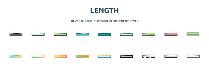 Poster - length icon in 18 different styles such as thin line, thick line, two color, glyph, colorful, lineal color, detailed, stroke and gradient. set of length vector for web, mobile, ui