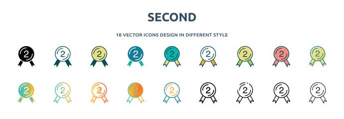 Poster - second icon in 18 different styles such as thin line, thick line, two color, glyph, colorful, lineal color, detailed, stroke and gradient. set of second vector for web, mobile, ui