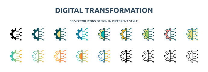 digital transformation icon in 18 different styles such as thin line, thick line, two color, glyph, colorful, lineal color, detailed, stroke and gradient. set of digital transformation vector for