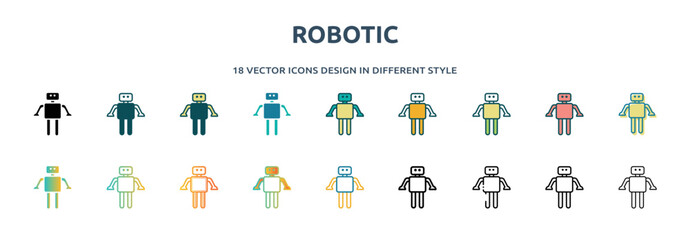 Poster - robotic icon in 18 different styles such as thin line, thick line, two color, glyph, colorful, lineal color, detailed, stroke and gradient. set of robotic vector for web, mobile, ui