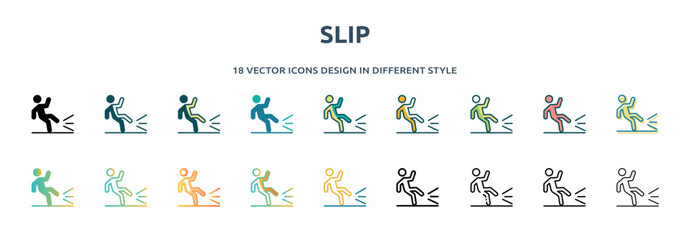 Poster - slip icon in 18 different styles such as thin line, thick line, two color, glyph, colorful, lineal color, detailed, stroke and gradient. set of slip vector for web, mobile, ui