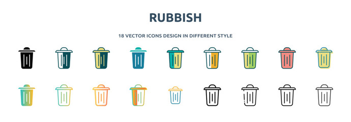 Poster - rubbish icon in 18 different styles such as thin line, thick line, two color, glyph, colorful, lineal color, detailed, stroke and gradient. set of rubbish vector for web, mobile, ui