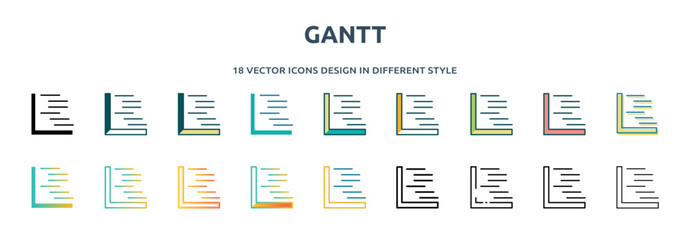 Poster - gantt icon in 18 different styles such as thin line, thick line, two color, glyph, colorful, lineal color, detailed, stroke and gradient. set of gantt vector for web, mobile, ui