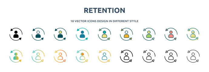 retention icon in 18 different styles such as thin line, thick line, two color, glyph, colorful, lineal color, detailed, stroke and gradient. set of retention vector for web, mobile, ui