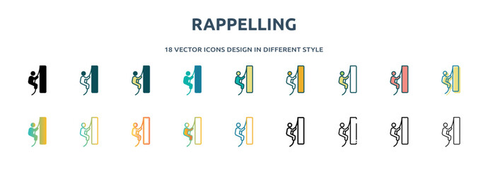 rappelling icon in 18 different styles such as thin line, thick line, two color, glyph, colorful, lineal color, detailed, stroke and gradient. set of rappelling vector for web, mobile, ui