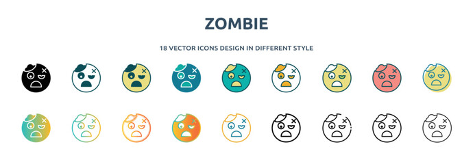 Wall Mural - zombie icon in 18 different styles such as thin line, thick line, two color, glyph, colorful, lineal color, detailed, stroke and gradient. set of zombie vector for web, mobile, ui