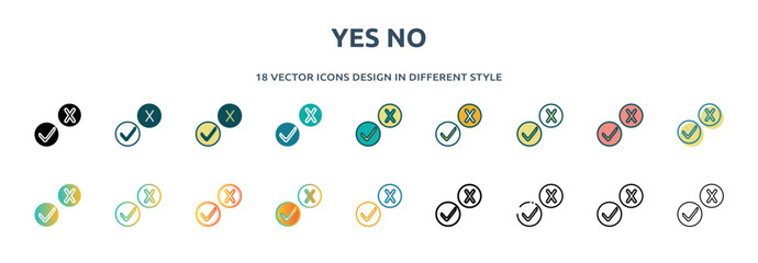 Poster - yes no icon in 18 different styles such as thin line, thick line, two color, glyph, colorful, lineal color, detailed, stroke and gradient. set of yes no vector for web, mobile, ui