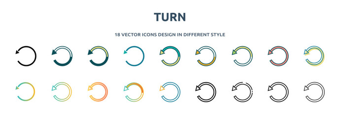 Poster - turn icon in 18 different styles such as thin line, thick line, two color, glyph, colorful, lineal color, detailed, stroke and gradient. set of turn vector for web, mobile, ui
