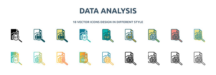 Poster - data analysis icon in 18 different styles such as thin line, thick line, two color, glyph, colorful, lineal color, detailed, stroke and gradient. set of data analysis vector for web, mobile, ui