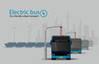 Electric bus at the charging station against the backdrop of renewable energy and a large city. Front view.