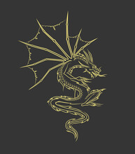 Poster Of A Gold Wyvern On The Black Background For The Series House Of The Dragon - Prequel Game Of Thrones. Black Dragon With Gold Outline As Print Or Pattern For Design Accessories Or Clothes.