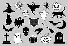 Gothic Halloween Sticker Pack Made Up Of Pumpkins, Bats, Cats, Crow, Skull, Ghosts, Graves, Spider, Web And Broom. Different Holiday Stickers As Prints, Patterns For Graphic Or Fashion Design.