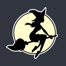 Silhouette Of A Young Flying Witch On The Broom On The Backdrop Of A Full Moon. Halloween Illustration As Sticker, Print Or Pattern For Design Websites, Applications, Signs, Clothes And Accessories.