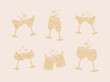 Cocktail glasses cheers for prosecco, wine, whiskey, vermouth, gin, martini, aperol, margarita in modern flat line style drawing on beige background