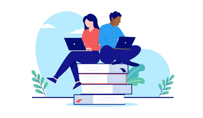 Leinwandbilder - Students studying - Diverse woman and man sitting on books with laptops learning and taking online education. School concept. Flat design vector illustration with white background