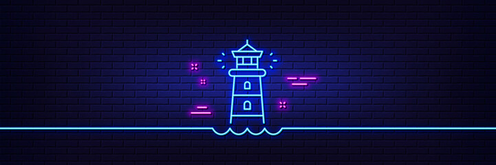 Wall Mural - Neon light glow effect. Lighthouse line icon. Searchlight tower sign. Beacon symbol. 3d line neon glow icon. Brick wall banner. Lighthouse outline. Vector