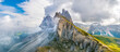 Amazing landscape of  the Dolomites Alps.  Location: Odle mountain range, Seceda peak in Dolomites Alps, South Tyrol, Italy, Europe. Artistic picture. Beauty world. Panorama