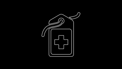 Wall Mural - White line Cross hospital medical tag icon isolated on black background. First aid. Diagnostics symbol. Medicine and pharmacy sign. 4K Video motion graphic animation