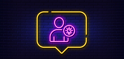 Poster - Neon light speech bubble. User line icon. Profile with Lamp bulb sign. Person silhouette with idea symbol. Neon light background. User idea glow line. Brick wall banner. Vector