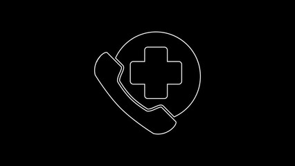 Canvas Print - White line Emergency phone call to hospital icon isolated on black background. 4K Video motion graphic animation