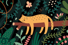 Leopard In Jungle, Jaguar Sleeping On A Tree Branch In Dense Rainforest With Tropic Plants, Cute Spotted Wild Feline, Forest With Palms And Lianas, Exotic Scenery. Vector Childrens Illustration