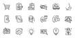 Outline set of Search car, Internet and Smartphone repair line icons for web application. Talk, information, delivery truck outline icon. Include Cloud communication, Gps, Swipe up icons. Vector