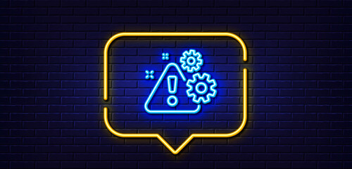 Poster - Neon light speech bubble. Warning line icon. Attention triangle sign. Caution alert symbol. Neon light background. Warning glow line. Brick wall banner. Vector