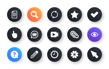 Poster - document, time and question mark icons. search, video camera and check mark. classic icon set. circl