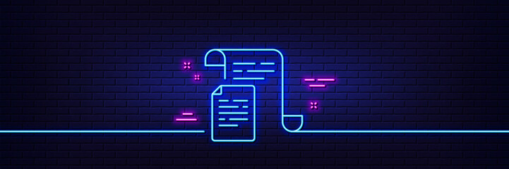 Poster - Neon light glow effect. Documents line icon. Doc file page sign. Office note symbol. 3d line neon glow icon. Brick wall banner. Documents outline. Vector