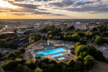 Aerial View Of Peterborough Lido And Cathedral At Sunset