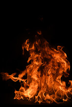 Fire Blaze Flames On Black Background. Fire Burn Flame Isolated, Abstract Texture. Flaming Explosion Effect With Burning Fire.