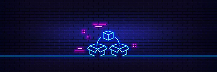 Poster - Neon light glow effect. Parcel shipping line icon. Delivery box sign. Cargo package symbol. 3d line neon glow icon. Brick wall banner. Parcel shipping outline. Vector