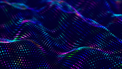 Poster - Lights background. Colored music wave. Big data digital code. Futuristic dots Illustration. 3D