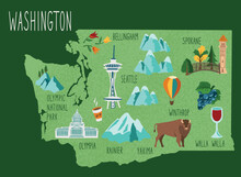 Hand Drawn Map Of Washington State, USA. Concept Of Travel To The United States. Colorfed Vector Illustartion. State Symbols On The Map.
