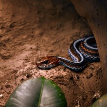 Closeup Of A Garter Snake On Dirt During Daytime