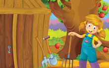 Cartoon Scene With Farm House In Garden And Farmer Girl