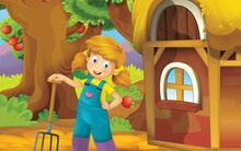 Cartoon Scene With Farm House In Garden Farmer Girl Illustration