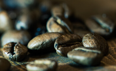 Closeup of burned coffee beans ready to be grinded