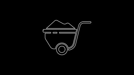 Poster - White line Wheelbarrow with dirt icon isolated on black background. Tool equipment. Agriculture cart wheel farm. 4K Video motion graphic animation