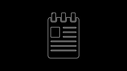 Poster - White line Notebook icon isolated on black background. Spiral notepad icon. School notebook. Writing pad. Diary for school. 4K Video motion graphic animation