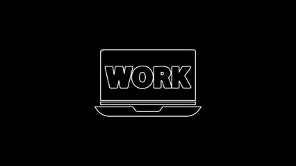 Poster - White line Laptop with text work icon isolated on black background. 4K Video motion graphic animation
