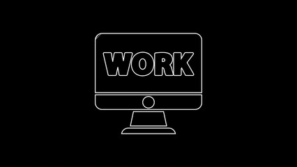Poster - White line Computer monitor with text work icon isolated on black background. 4K Video motion graphic animation
