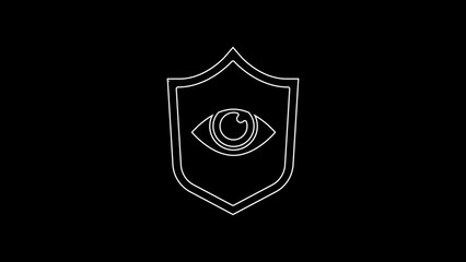 Sticker - White line Shield and eye icon isolated on black background. Security, safety, protection, privacy concept. 4K Video motion graphic animation