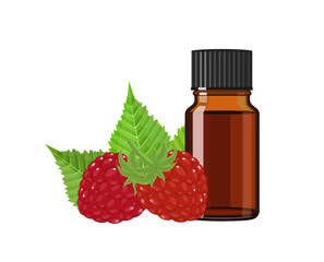 Wall Mural - Raspberry essential oil in brown glass bottle, herbal alternative medicine treatment product, vector Illustration on white background