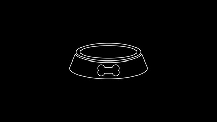 Poster - White line Pet food bowl for cat or dog icon isolated on black background. Dog bone sign. 4K Video motion graphic animation