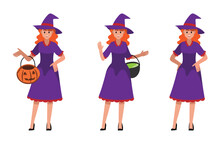  Witch Teen Set Wearing Purple Dress Characters Vector Character Set  ,Vector Illustration