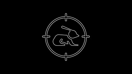 Poster - White line Hunt on rabbit with crosshairs icon isolated on black background. Hunting club logo with rabbit and target. Rifle lens aiming a hare. 4K Video motion graphic animation